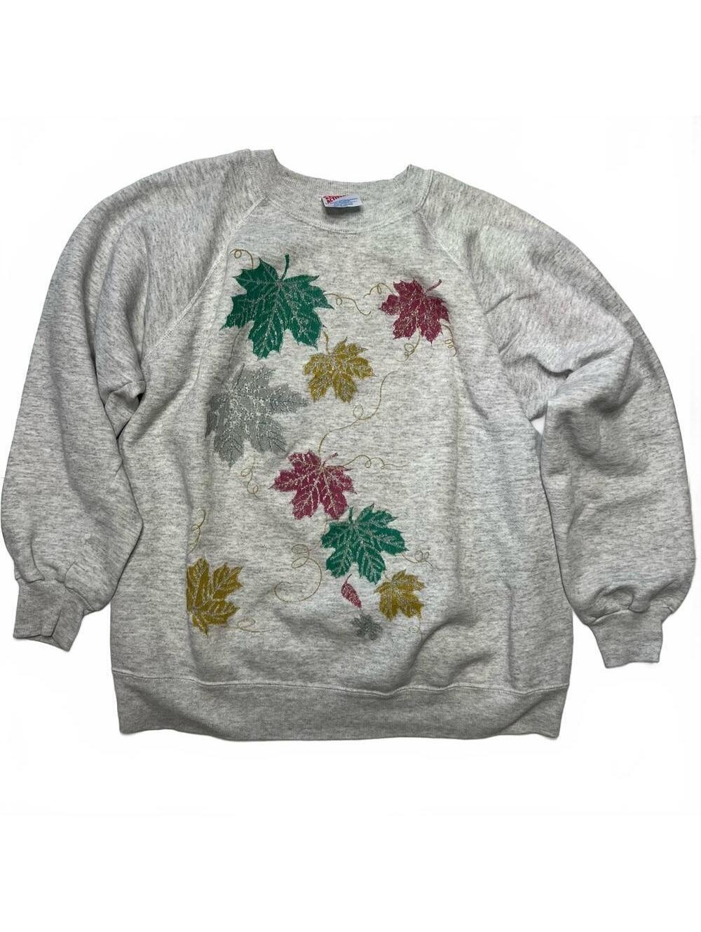 Fall Leaves Sweatshirt Large Heather Grey USA Vintage 90s Hanes Activewear